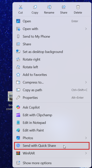 Clicking on "Send with Quick Share' option in Windows context menu for file. 
