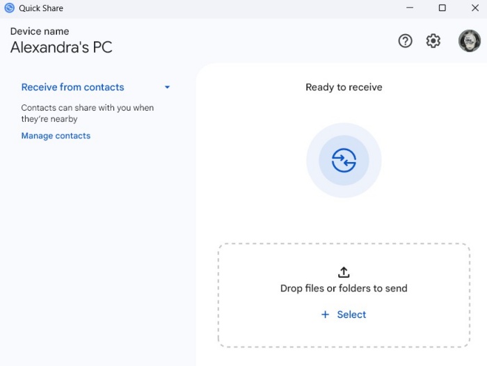 Quick Share on PC is ready to receive files. 