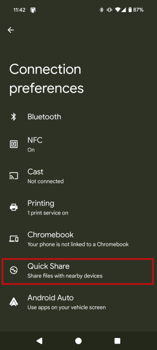 Tapping on "Quick Share" button in Android Settings. 