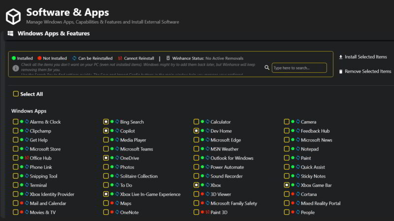 List of Windows apps to disable in Winhance