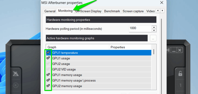 List of hardware parameters to enable in MSI Afterburner