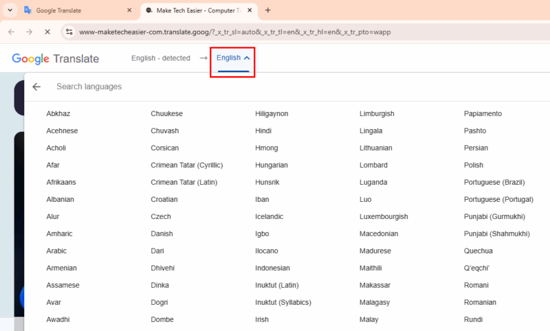 Select Translation Language