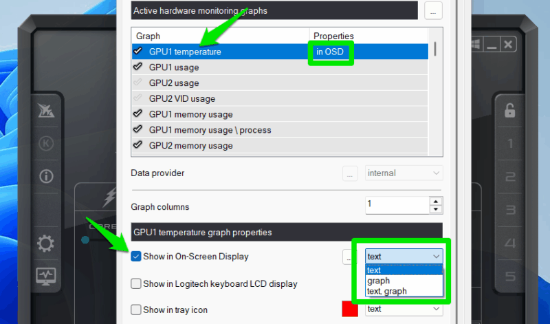 Enabling parameters in MSI Afterburner for on-screen display