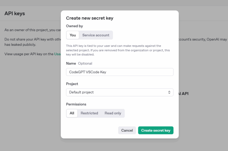 Specify Api Key Name to integrate chatgpt with vscode