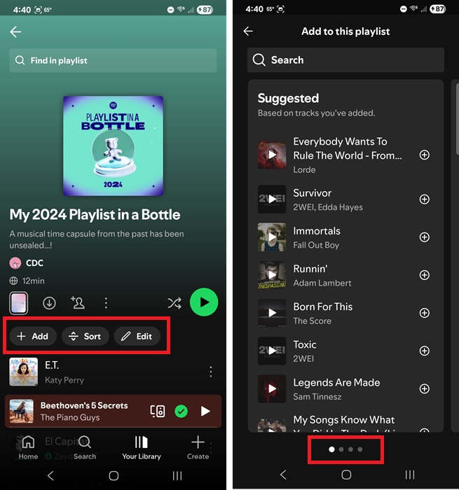 Using new Spotify controls to add music to playlists.
