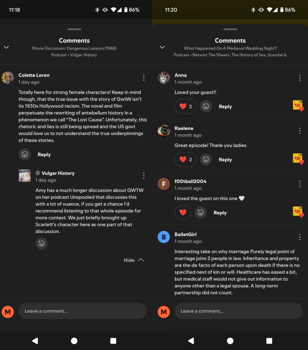 Comments view on podcast episode in Spotify app. 