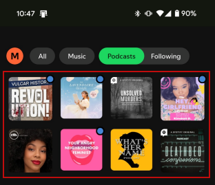 View of podcast episodes you're currently listening to in Spotify app. 
