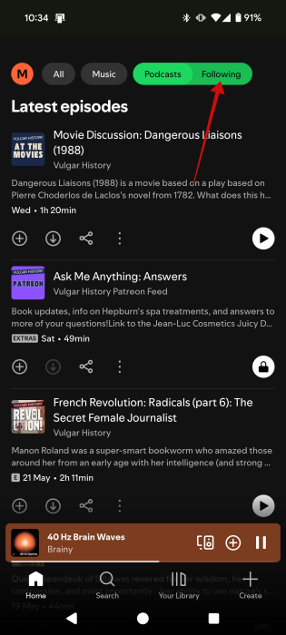 Viewing latest updates from podcasts you're following in Spotify app. 