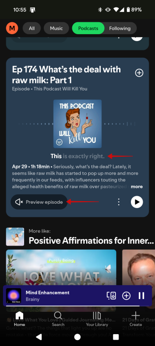 Option to preview podcast episode in Spotify app. 