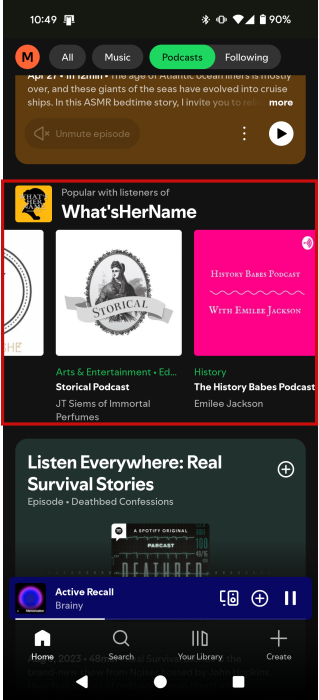 Similar podcast suggestions view in Spotify app.