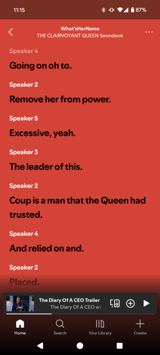 Podcast transcript view in Spotify app. 