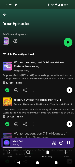 Recently added episodes are visible at the top in Your Episodes on Spotify. 