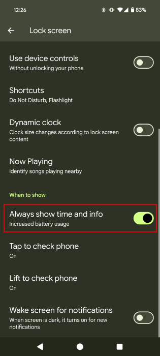 Tapping on "Always show time and info" in Android settings.