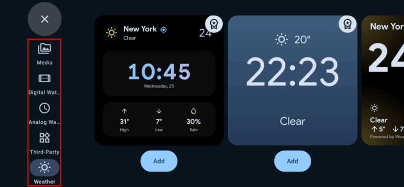 Browsing widget options in StandBy Mode Pro app.