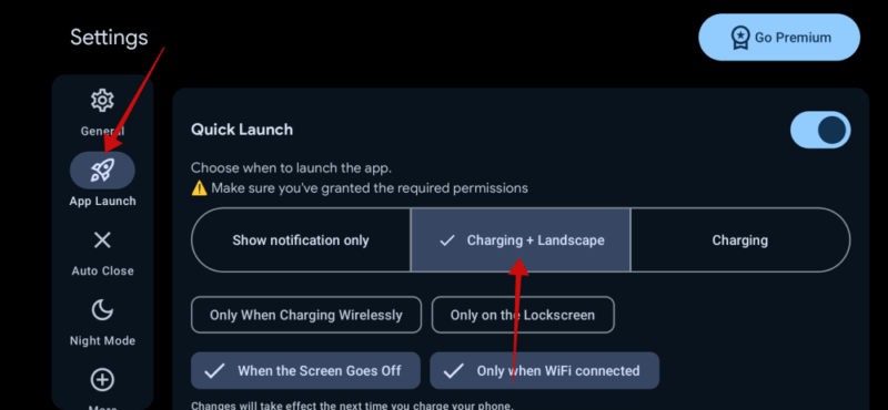 Setting app to launch when "Charging + Landscape" in StandBy Mode Pro settings.