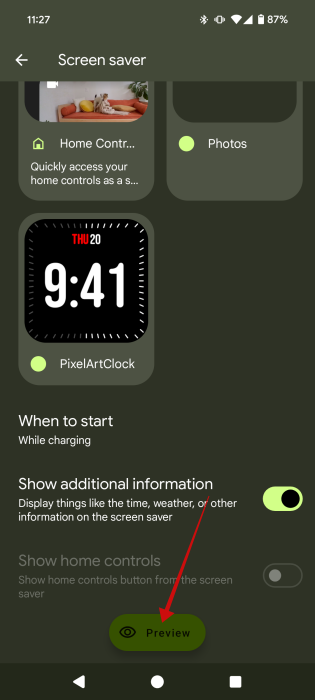 Tapping "Preview" button to view screen saver previews on Android.