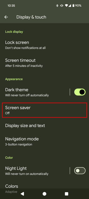 Accessing "Screen saver" in Android settings.