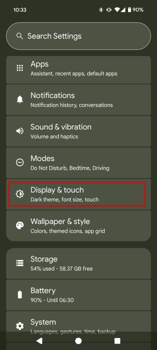 Navigating to "Display & touch" in Android settings.