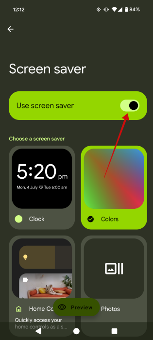 Toggling on "Use screen saver" function on Android.