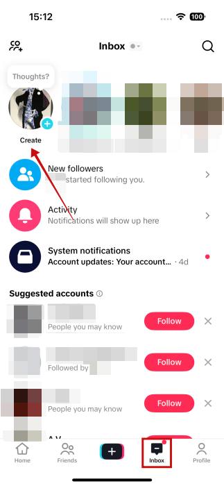Tapping on "Create" button in Inbox in TikTok app. 