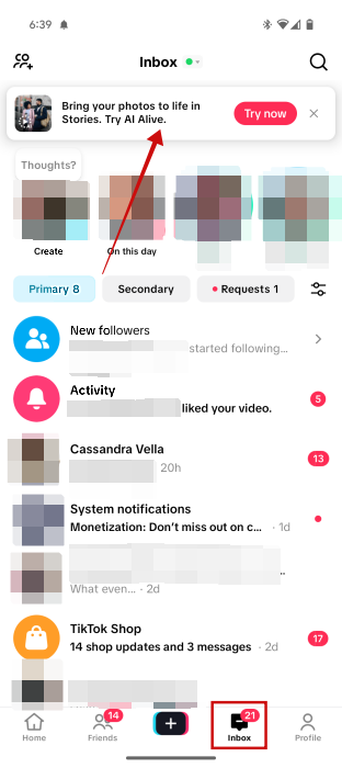 "AI Alive" feature notification in TikTok app. 