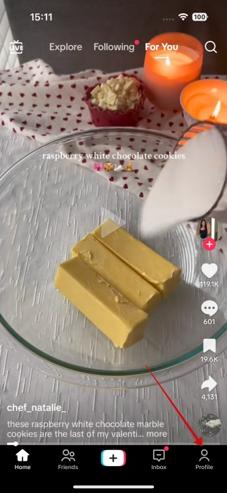 Pressing on "Profile" button in TikTok app. 