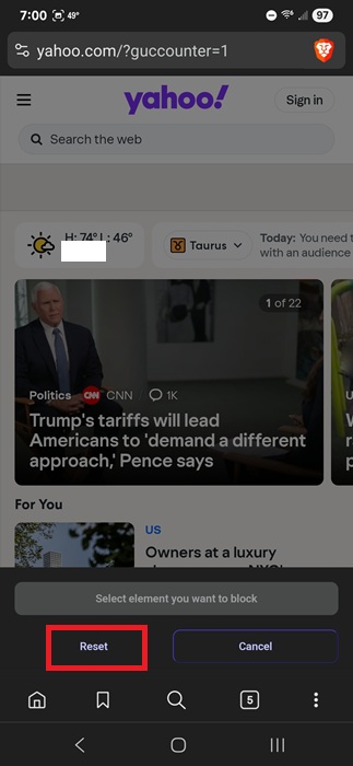 Clearing blocked elements in Brave on Android.