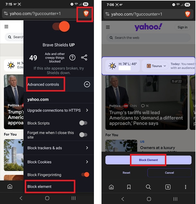 Blocking elements on Android in Brave.