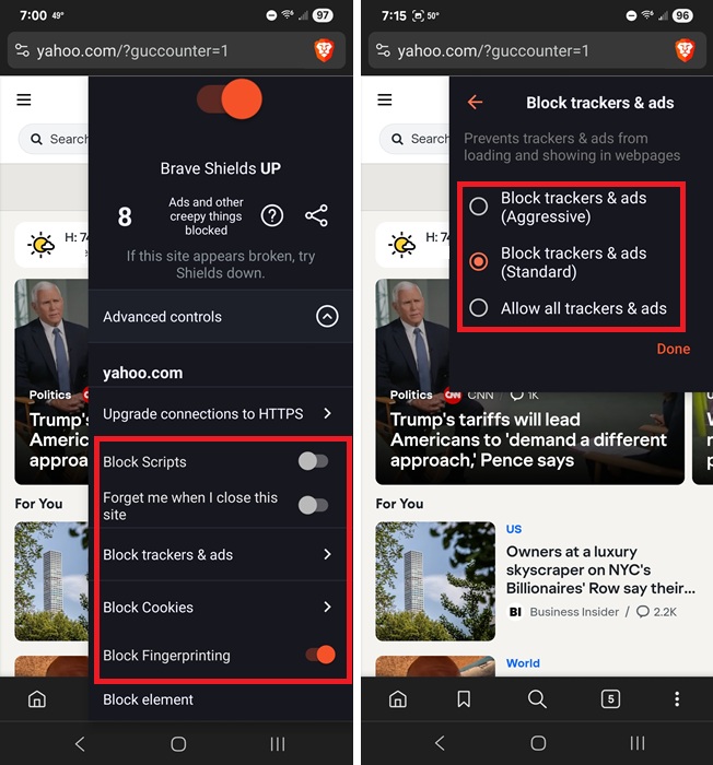 Blocking more elements in Brave on Android.