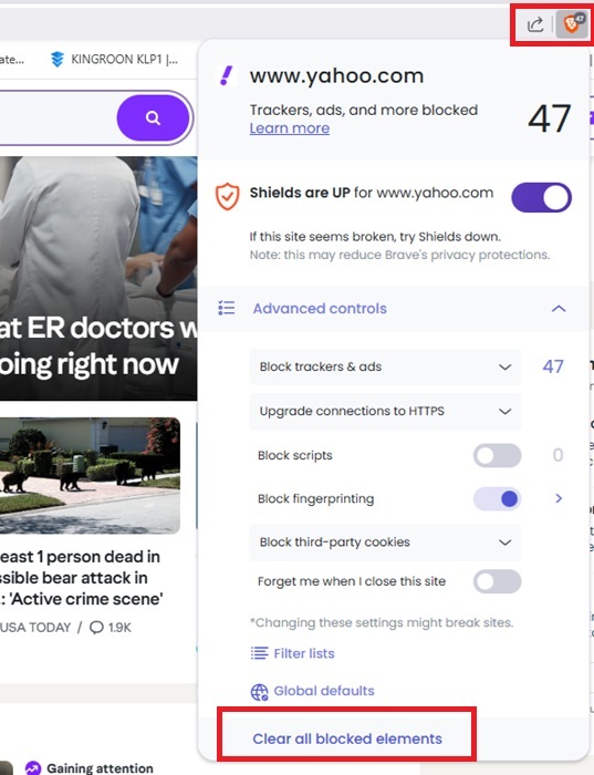 Clearing blocked elements in Brave on desktop.