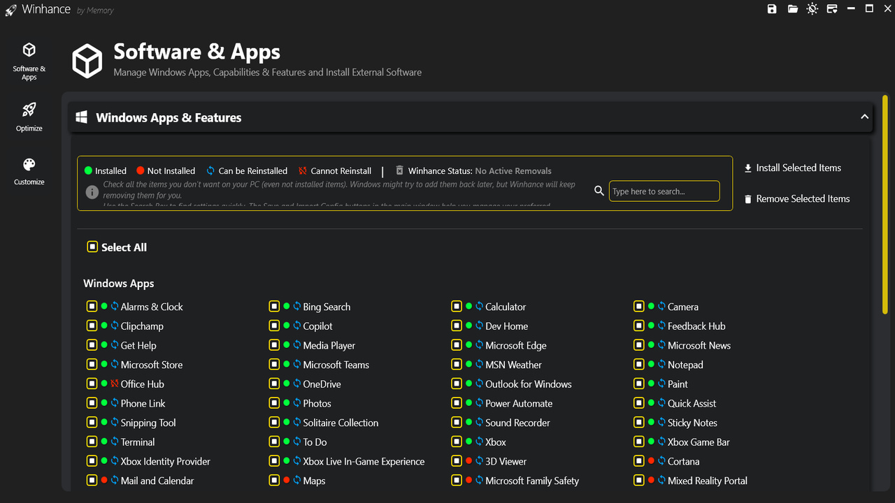 Winhance main interface showing Windows apps to select