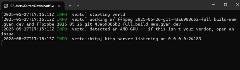 Vertd server running and showing status