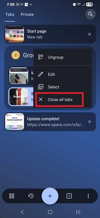 Close a tab island in Opera.