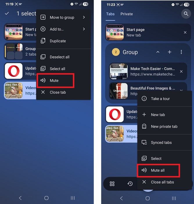 Two ways to mute tabs in Opera on Android.