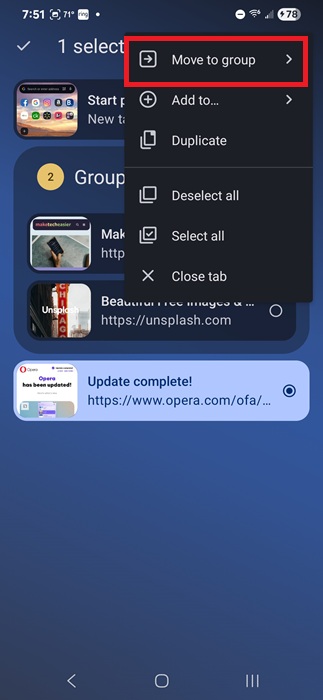 Alternative way to create a tab island in Opera on Android.