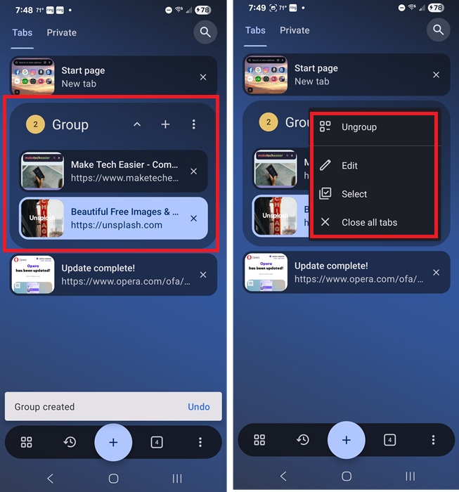 Creating tab islands in Opera on Android.