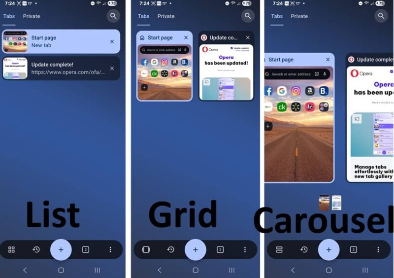 Examples of how to manage tabs in Opera with three layouts.