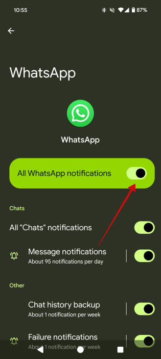 Enabling "All WhatsApp notifications" option in Android Settings. 