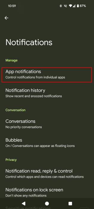 Tapping on "App notifications" in Android Settings. 