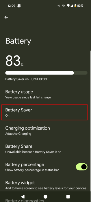 Tapping on "Battery Saver" in Android Settings. 