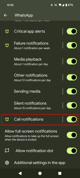 Tapping on "Call Notifications" for WhatsApp on Android. 