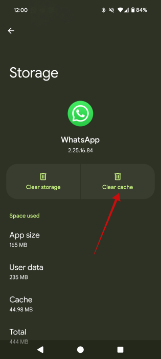Selecting to "Clear cache" for WhatsApp on Android. 