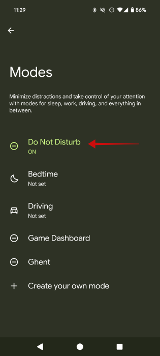 Selecting "Do Not Disturb" option in Android Settings. 