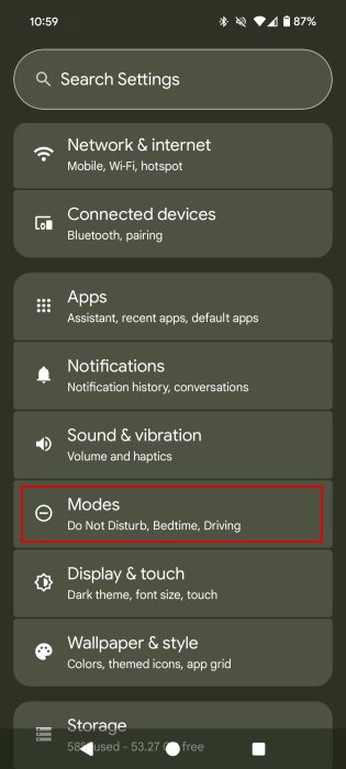 Pressing on "Modes" option in Android Settings. 