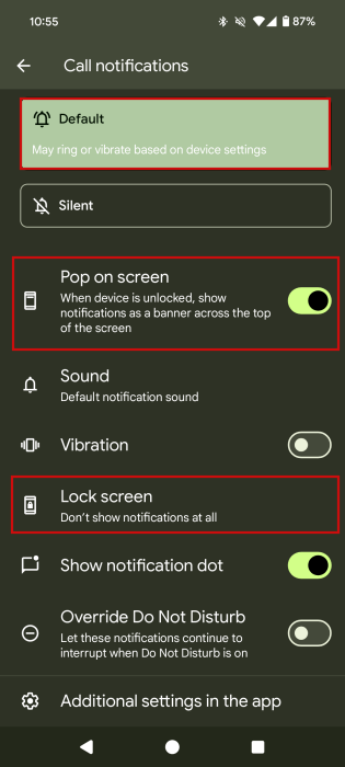 Setting WhatsApp call notifications to Default and enabling "Pop on screen" on Android.