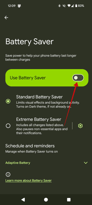 Toggling off "Use Battery Saver" option in Android Settings. 