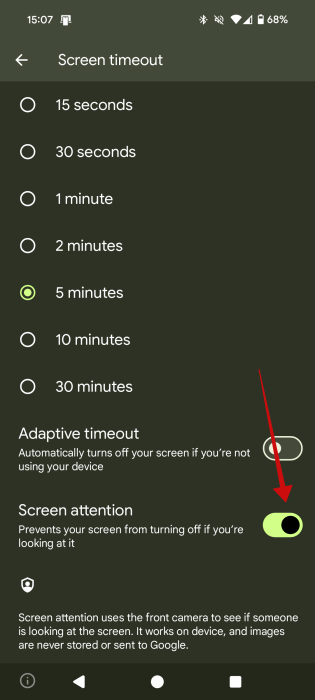 Turning on "Screen attention" in Android Settings.