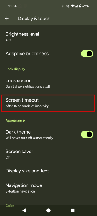 Tapping on "Screen timeout" in Android Settings. 