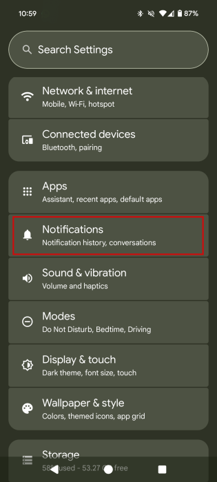 Tapping on "Notifications" in Android Settings. 