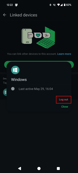 Pressing "Log out" button for device in WhatsApp on Android. 